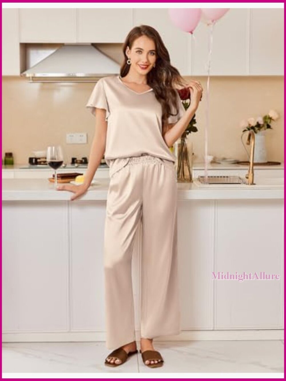Silky Satin Pajama Set 2-Piece Loose Fit Short Sleeve Shirt Long Pants - Picture 3 of 7